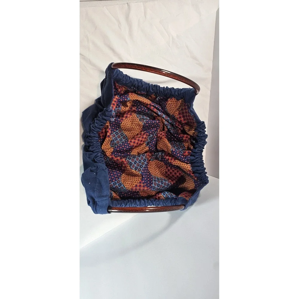 Handmade Boho Blue‎ Ruched Hobo Bag Tortoise Handle Embroidered Floral Lined
